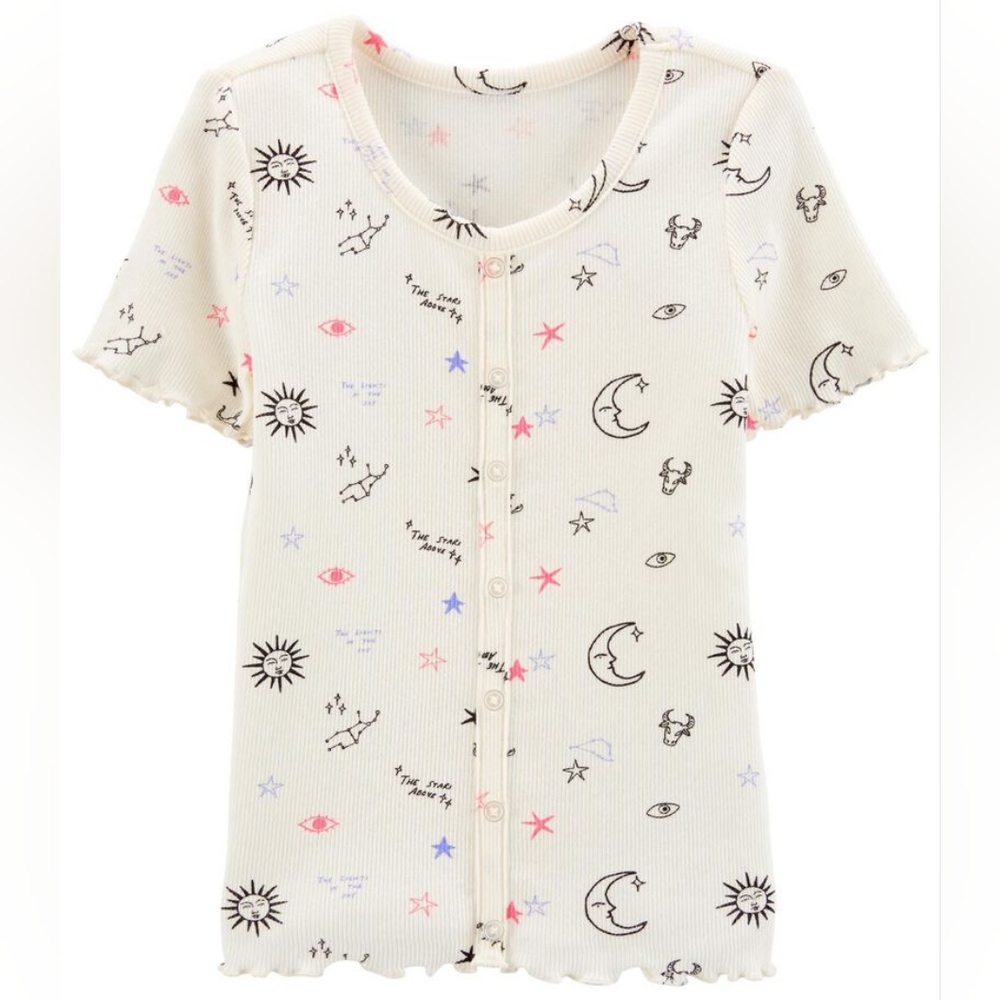 Girls Faux Button-Up Ribbed Short Sleeve Tee Astrology Print Size 5